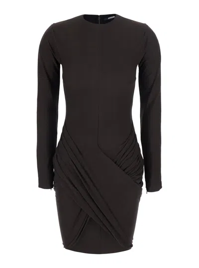 Jacquemus Mini Robe Dress With Deep Neckline And Long Sleeves In Brown