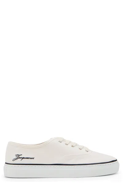 Jacquemus Round Toe Canvas Sneakers With Embroidered Logos In White
