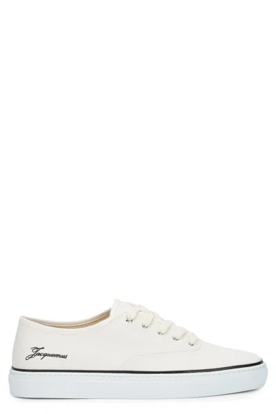 Jacquemus Round Toe Canvas Sneakers With Embroidered Logos In White