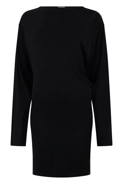 Jacquemus Black La Robe Mistral Crew Neck Dress With Long Sleeves And Open Back In Viscose Blend Women