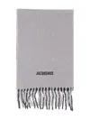 Jacquemus Lecharpe Moisson Grey Scarf With Logo Lettering On The Front And Fringed Hem In Wool Blend Woman