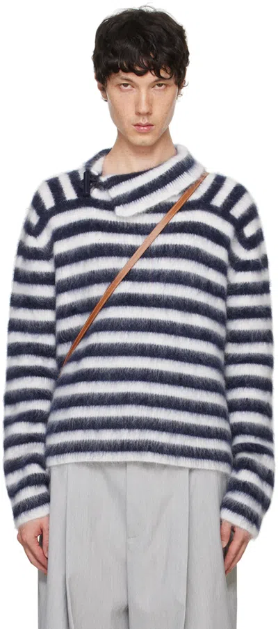 Jacquemus Two-tone Striped Mohair Blend Marina Sweater With Frog Closu In Black