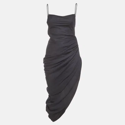 Pre-owned Jacquemus Navy Blue Wool Ruched La Bomba Midi Dress S