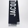 Jacquemus Navy Blue Wool Scarf With Logo In Black