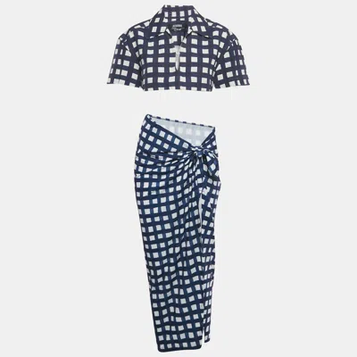 Pre-owned Jacquemus Navy Blue/white Checkered Silk Blend & Jersey Crop Top & Skirt Set S