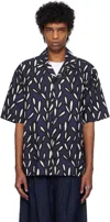 Jacquemus 'la Chemise Jean' Blue Bowling Shirt With Cuban Collar And All-over Logo Motif In 3eb Print Navy / Bla