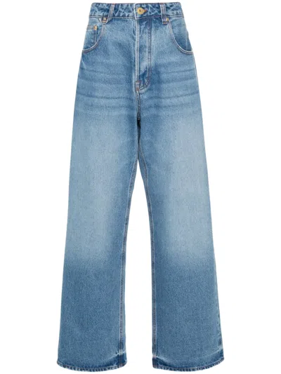 Jacquemus Wide Leg High Rise Jeans With Contrast Stitching In Blue