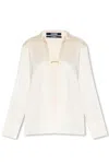 Jacquemus La Chemise Notte Logo Charm Open Front Stretch Satin Blouse In White
