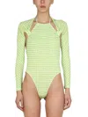 Jacquemus Nodi Cutout Knotted Gingham Jersey Bodysuit In Green