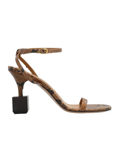 Jacquemus Bisou Block Heel Snakeskin Square Toe Sandals In Brown