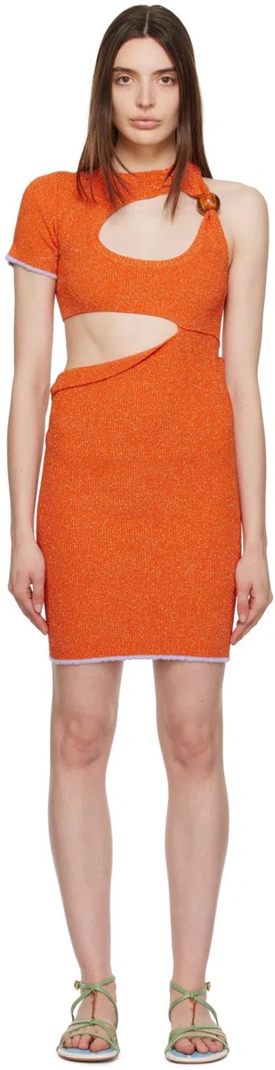 Jacquemus La Robe Brilho Mini Orange Dress With Bead Detail And Cut-out In Lurex Woman