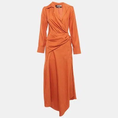 Pre-owned Jacquemus Orange Linen Blend Le Souk Wrap Dress M