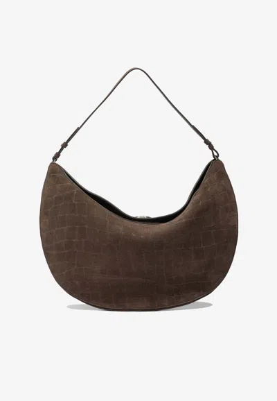 Jacquemus Ovalo Croc-embossed Suede Shoulder Bag In Brown