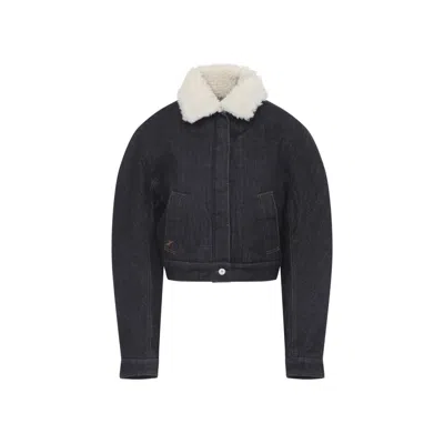 Jacquemus Le Bomber De-nimes Ovalo Blue Jacket With Fur Collar And Two Front Welt Pockets In Denim Woman
