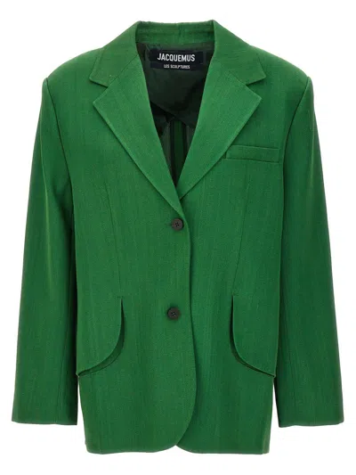 Jacquemus Titolo Striped Jacquard Single-breasted Oversized Blazer Jacket In Dark Green