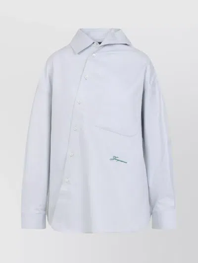Jacquemus Oversized Herringbone Cotton Shirt With Asymmetric Placket In Grey