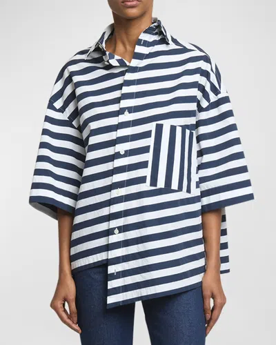 Jacquemus Pablo Stripe Monogram Asymmetric Top In Print White And Blue Stri