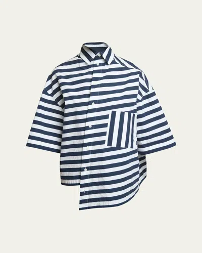 Jacquemus Pablo Stripe Monogram Asymmetric Top In Print White And Blue Stri