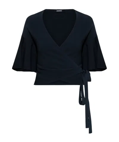 Jacquemus Paysan Wrap Flared-sleeve Top In Blue
