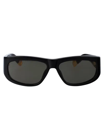 Jacquemus Pilota Sunglasses In 01 Black/ Yellow Gold/ Grey