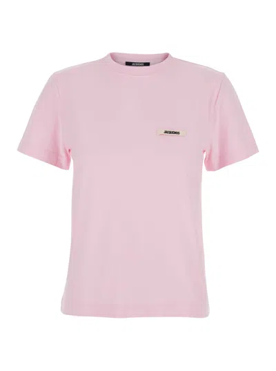 Jacquemus Pink Crew Neck T-shirt With Logo Patch On The Front In Cotton Woman