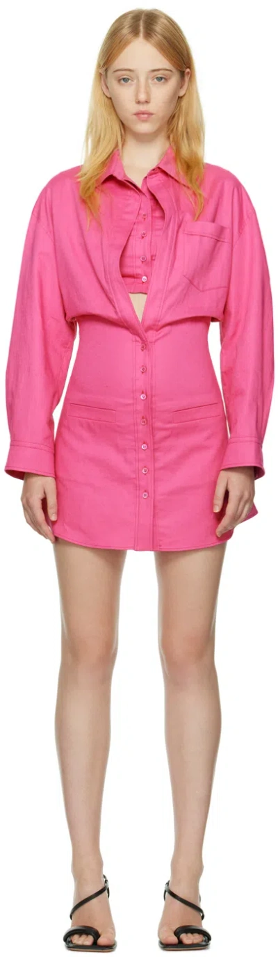 Jacquemus Baunhilha Layered Linen Mini Shirt Dress In Fucsia
