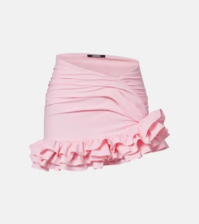 Jacquemus Playa Asymmetric Mini Skirt In Jersey With Rouches And Slim Fit In Pink