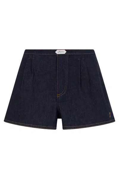 Jacquemus Plissetted Mini Denim Shorts With Elastic Waist In Blue