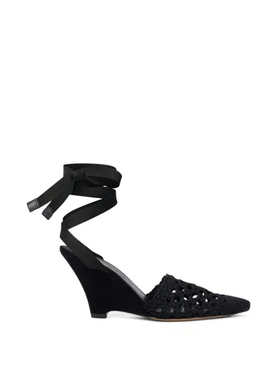 Jacquemus Wedge Espadrille Mules Pointed Toe Ribbon In Black