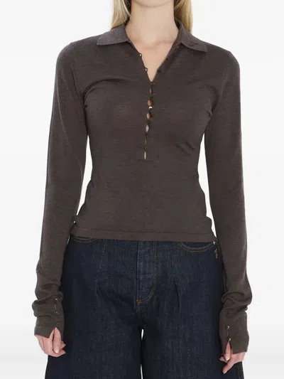 Jacquemus Le Polo Button-embellished Wool-blend Polo Top In Brown