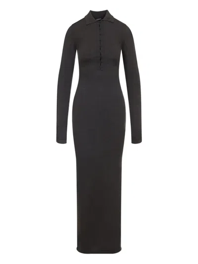 Jacquemus Merino Polo Dress With Long Sleeves And Buttons In Black