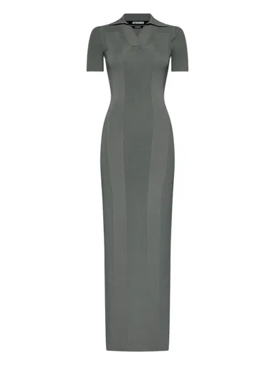 Jacquemus Polo Ribbed Knit Long Dress In Gray