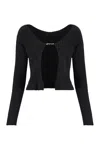 Jacquemus Gold Toned Logo Charm Ribbed Knit Cropped Cardigan In Black