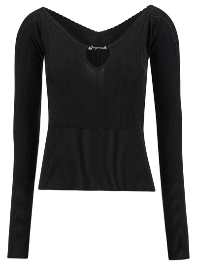 JACQUEMUS BLACK LONG SLEEVE TOP WITH LOGO DETAIL AND CUT-OUT