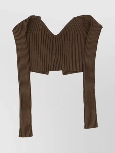 Jacquemus Pralu Ribbed V-neck Cropped Top In Brown