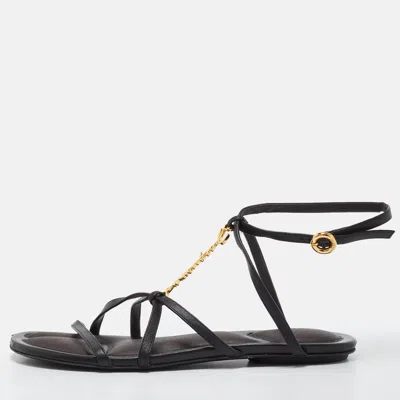Pre-owned Jacquemus Pralu Size 37 Black Leather Ankle Strap Flat Sandals