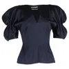 Jacquemus Puffed Sleeve V-neck Blouse In Navy Blue Satin In Blue