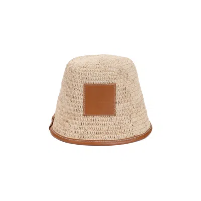 Jacquemus Raffia And Leather Bucket Hat With Gold Accents In Brown