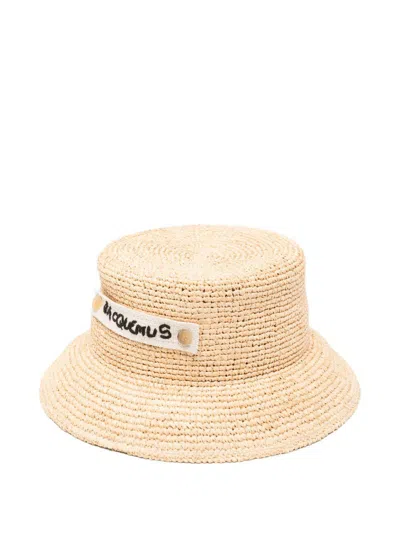 Jacquemus Raffia Beach Hat Wide Brim Buttons In Metallic