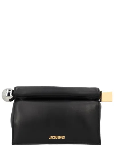 JACQUEMUS RECTANGULAR LAMB LEATHER CLUTCH WITH ROLLED HANDLE
