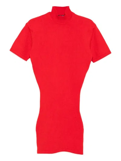 JACQUEMUS RED FITTED MINI DRESS IN MERINO WOOL-CASHMERE BLEND
