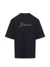 Jacquemus Relaxed Fit Black T-shirt With Cursive Script Logo In Blue