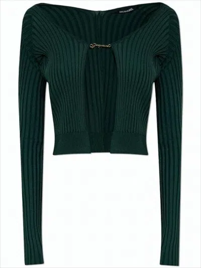 Jacquemus Ribbed Cropped Cardigan With Gold-tone Clasp Closure In Green