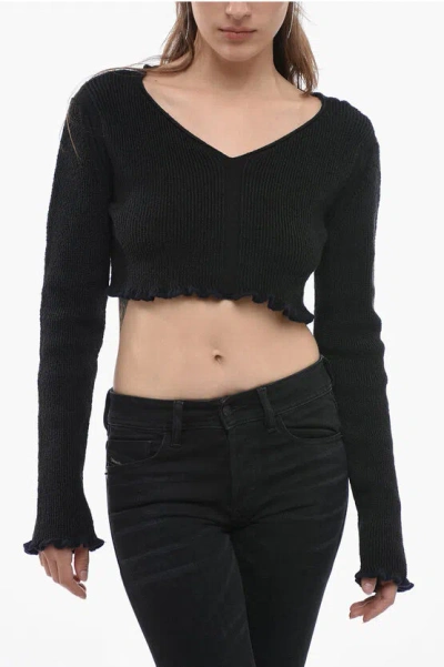 Jacquemus Ribbed Cropped Santon Sweater With Gathered Detail In Black