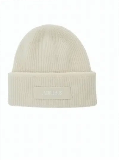 Jacquemus Ribbed Knit Beanie With Folded Cuff And Rectangular Patch In Neutral