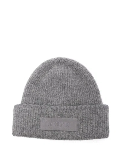 Jacquemus Ribbed Knit Cap With Folded Cuff In Gray