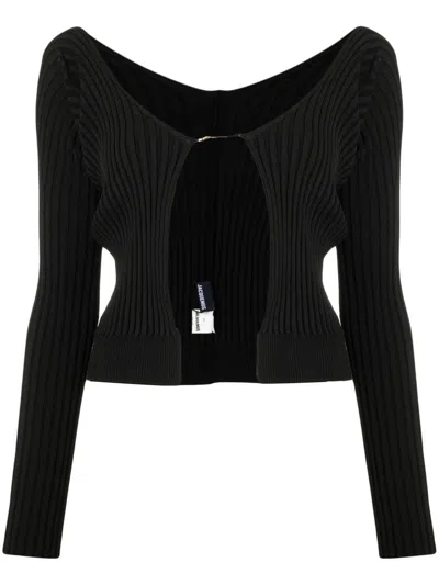 Jacquemus Ribbed Knit Cardigan With Deep V-neckline And Gold-tone Clasp In Black