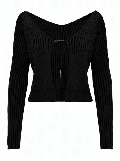 JACQUEMUS RIBBED KNIT CARDIGAN WITH DEEP V-NECKLINE AND GOLD-TONE CLASP