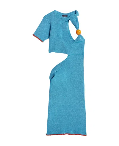 Jacquemus Ribbed-knit Cut-out Mini Dress In Blue