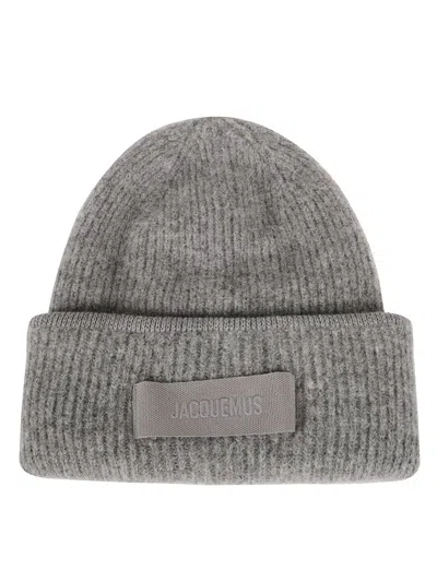 Jacquemus Ribbed Knit Hat With Turn-up Brim In Gray